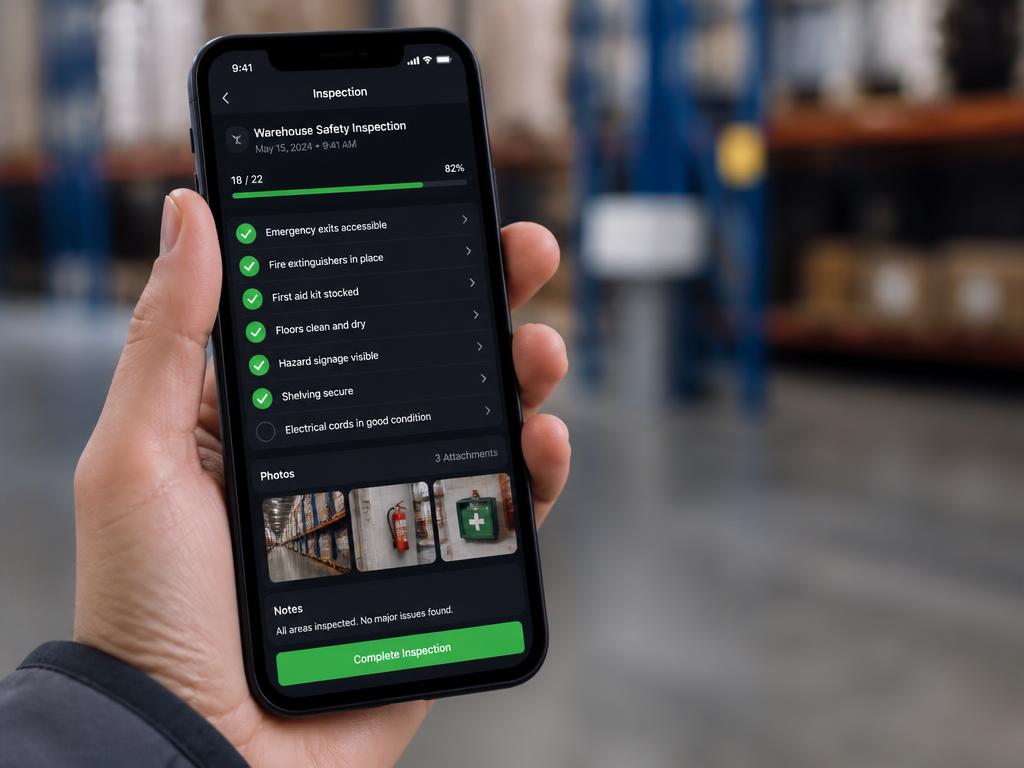 Celular exibindo o aplicativo de check list com itens de inspeção concluídos e anexos de foto