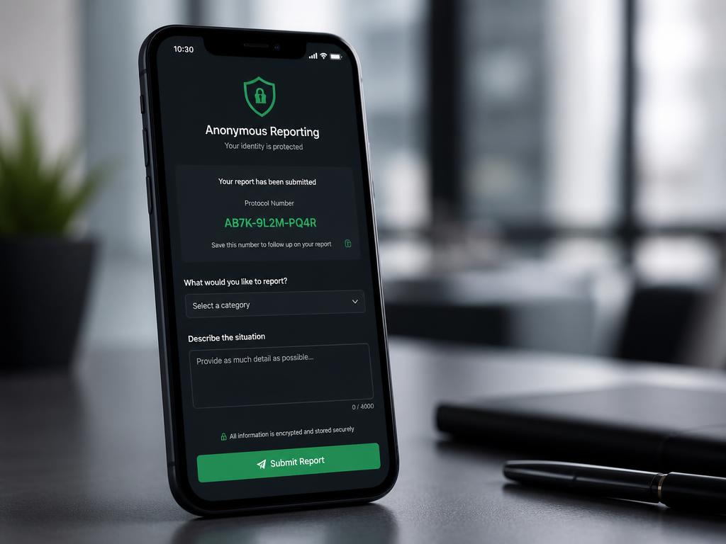 Celular sobre uma mesa exibindo o aplicativo de canal de denúncia com formulário sigiloso e número de protocolo