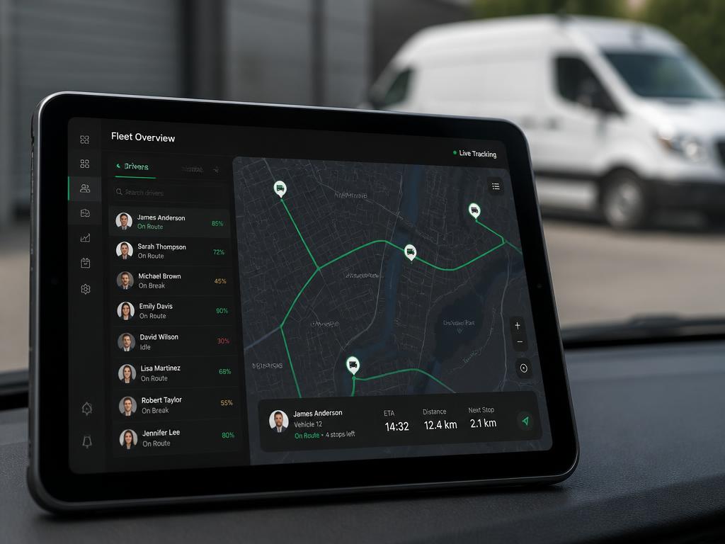 Tablet exibindo o aplicativo de rastreio de vans com mapa ao vivo, rotas e lista de motoristas